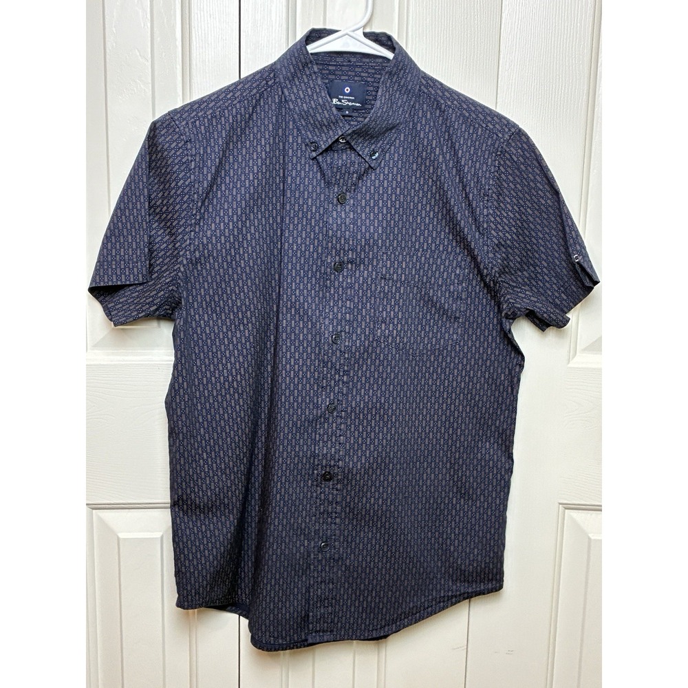 Ben Sherman Stretch Fit Navy Short Sleeve Button-Up Shirt Small Pattern Casual